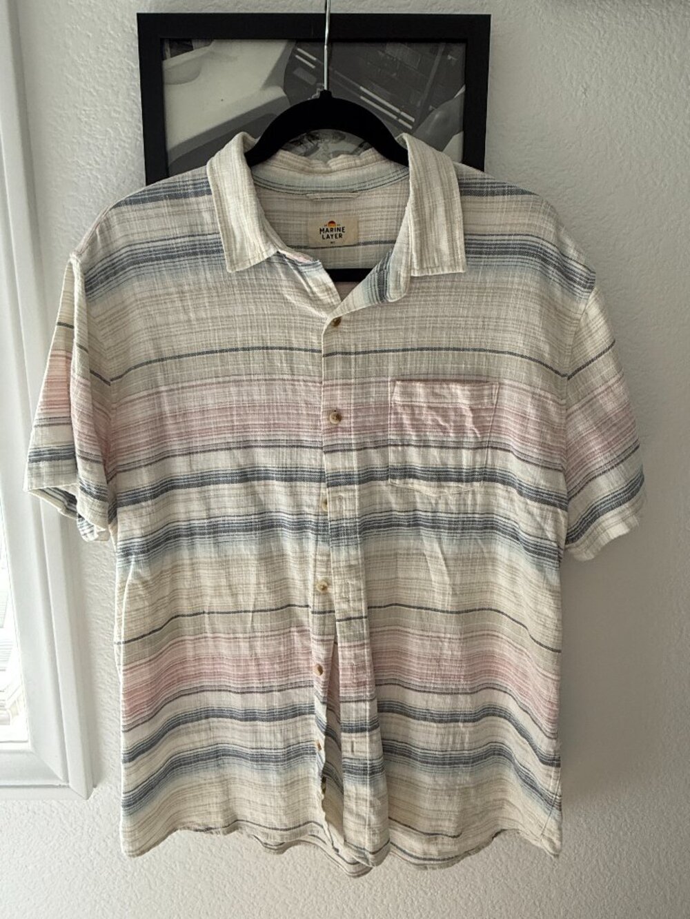 Marine Layer Men's Short Sleeve Button Up Shirt M/L Striped Pink Blue